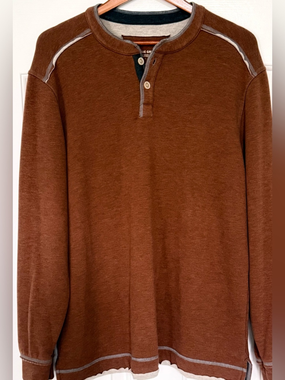 True Grit Mens Large Adam Lux Faux Fur Lined Henley Pullover Brown Stretch